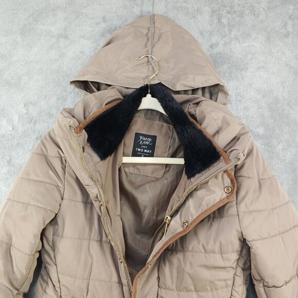 TWO WAY Puffer Jacket Full Zip Size S (4-6) Hidden Hoodie Collared Zip Pockets - Picture 2 of 16